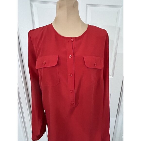 LOFT Long Sleeve Henley Utility Blouse Top Red Womens Size S - Picture 2 of 7